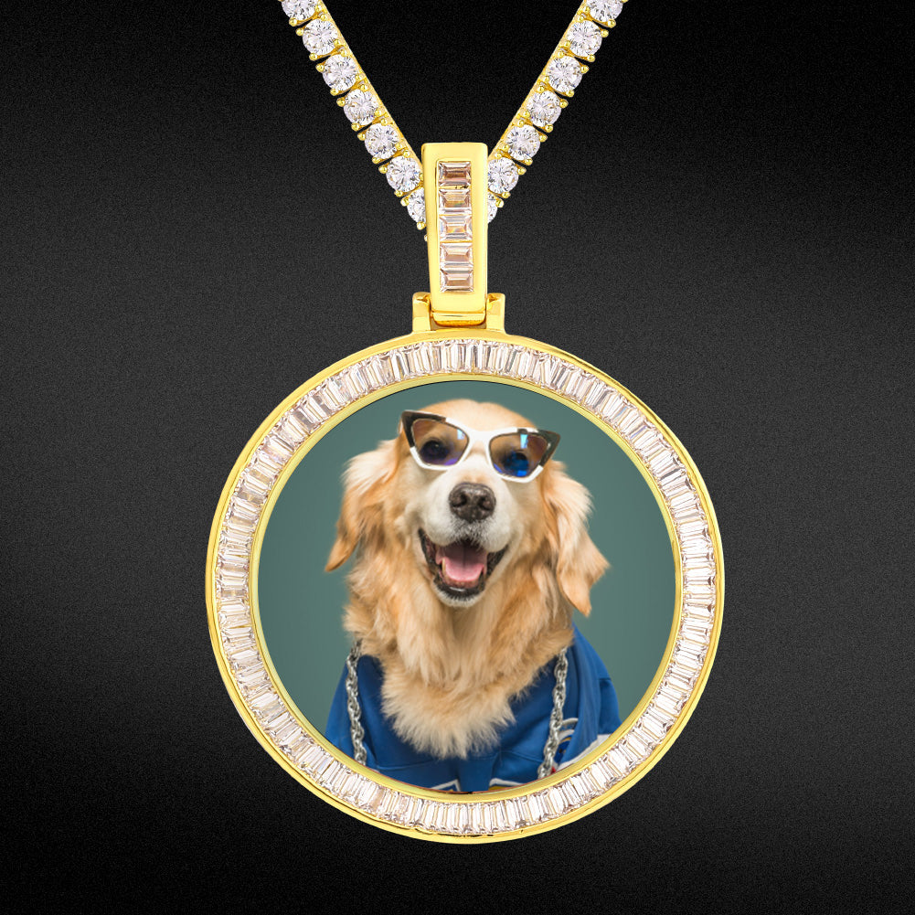 Iced Out Baguette Cut  Custom Round Picture Necklace Photo Moissanite Pendant