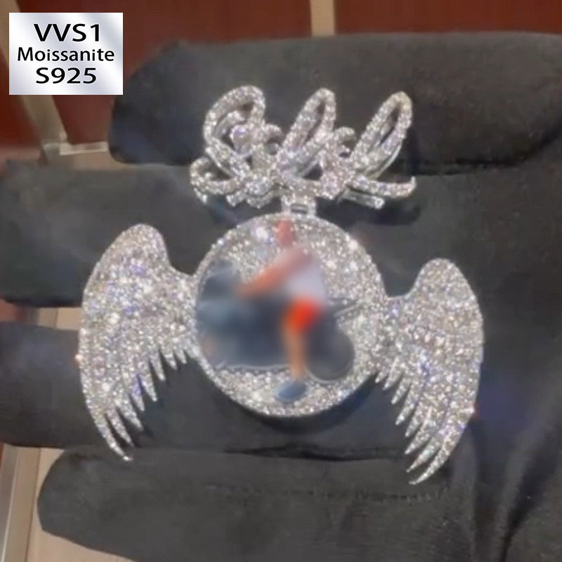 Moissanite SKR HipHop can be Customized Photo Wings Round Pendant