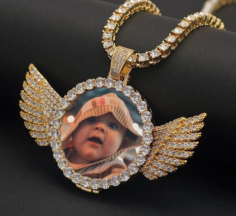 Moissanite Picture Chain With Wings - Personalize with Picture and Words